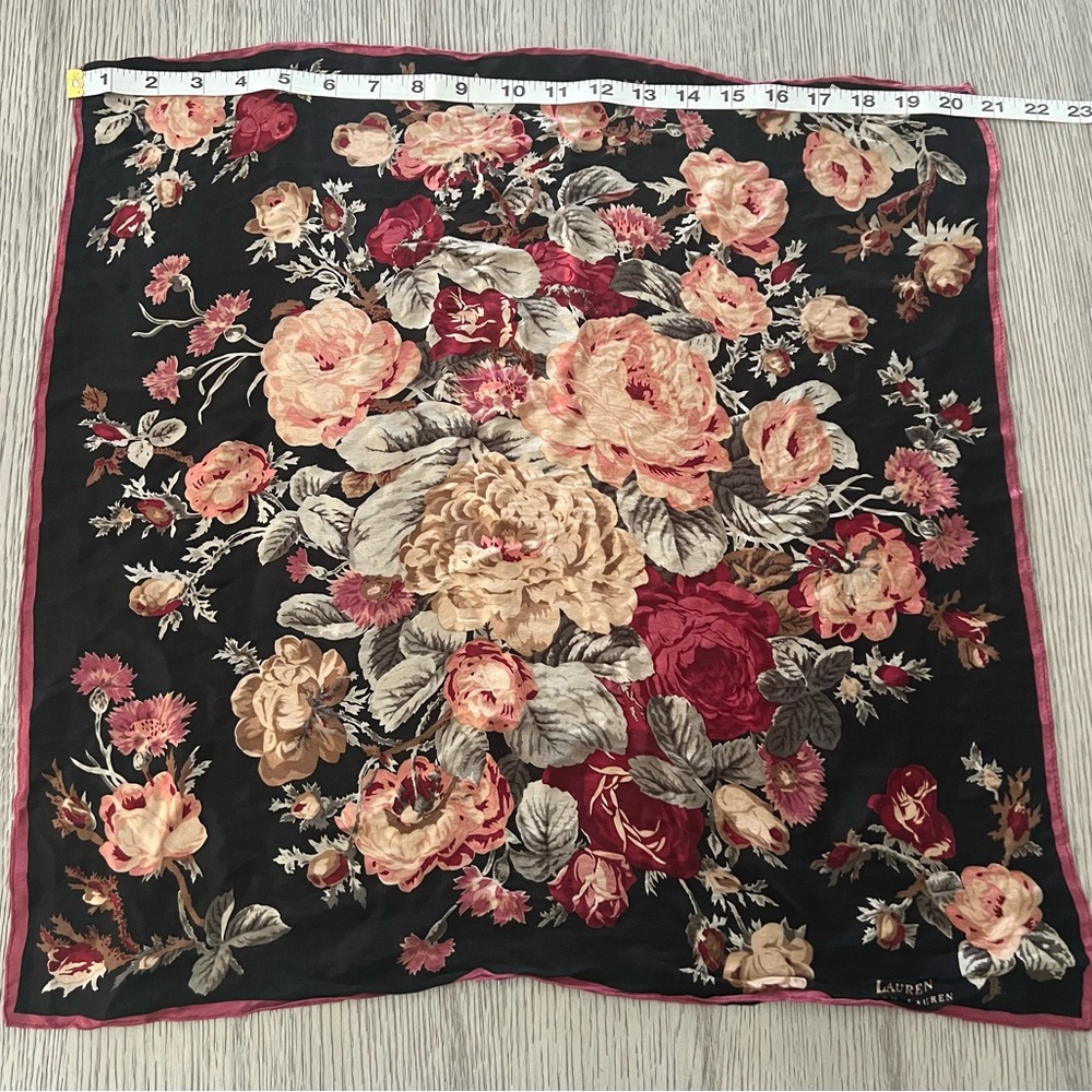 Ralph Lauren Black Floral Silk Scarf with Pink, Cream and Red Roses - Picture 5 of 10